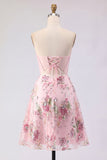Short Beaded Sparkly Pink A Line Corset Strapless Floral Homecoming Dress