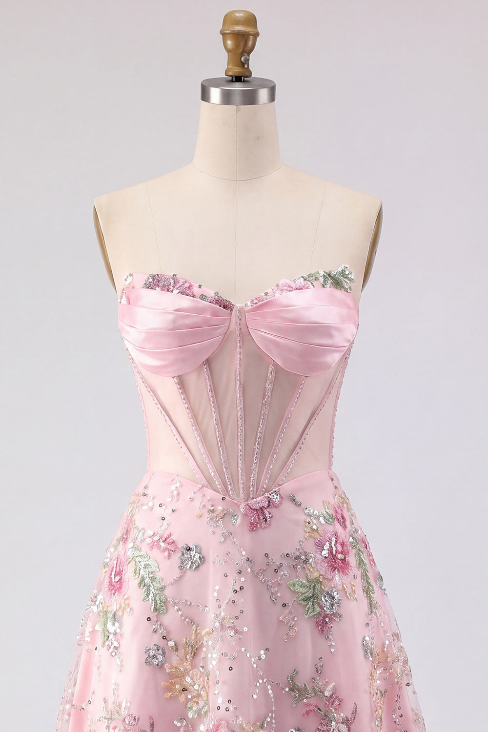 Short Beaded Sparkly Pink A Line Corset Strapless Floral Homecoming Dress