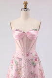 Short Beaded Sparkly Pink A Line Corset Strapless Floral Homecoming Dress