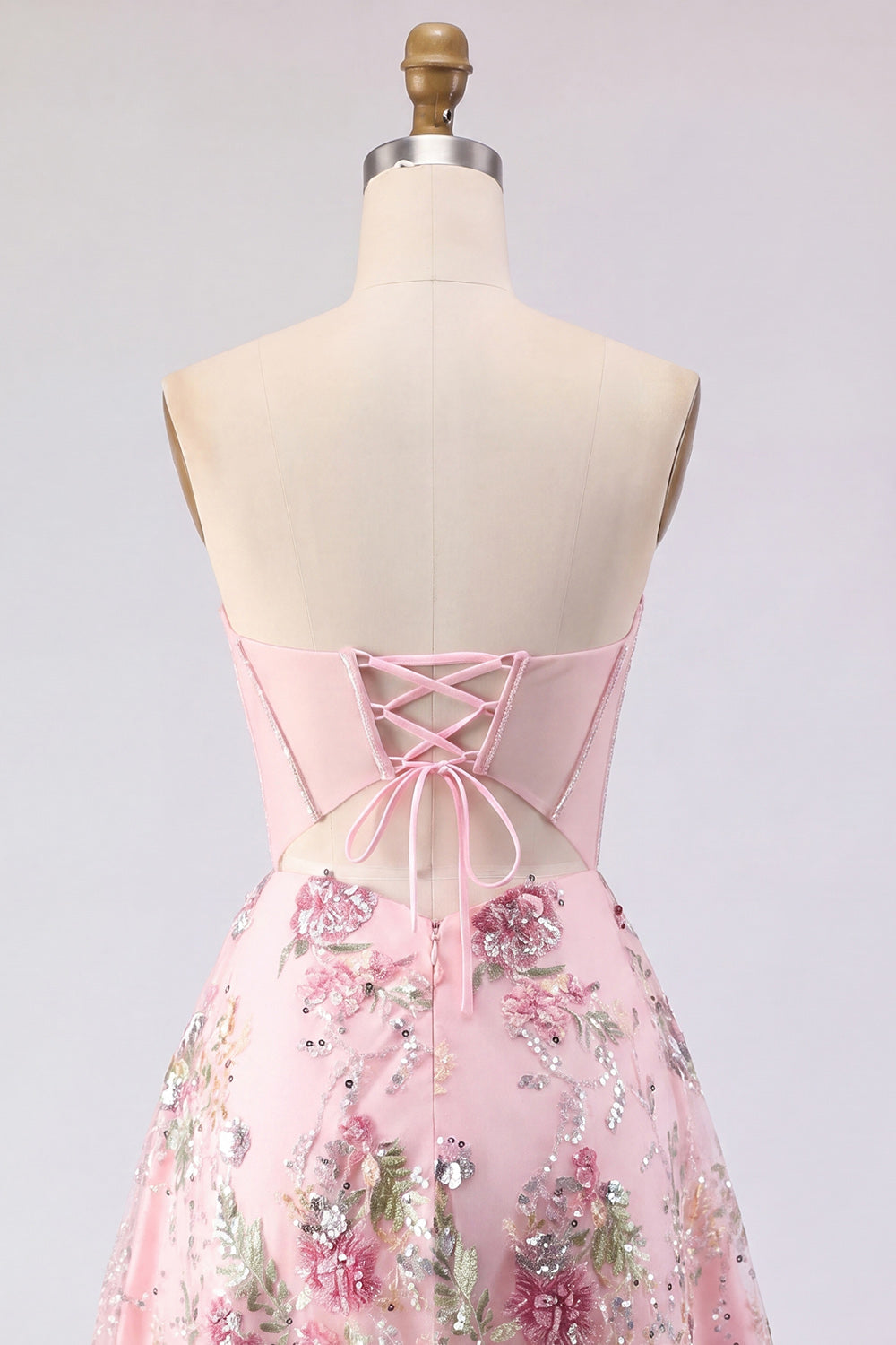 Short Beaded Sparkly Pink A Line Corset Strapless Floral Homecoming Dress