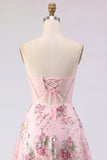 Short Beaded Sparkly Pink A Line Corset Strapless Floral Homecoming Dress