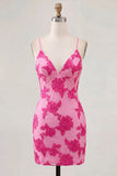 Tight Short Fuchsia Spaghetti Straps Floral Homecoming Dress