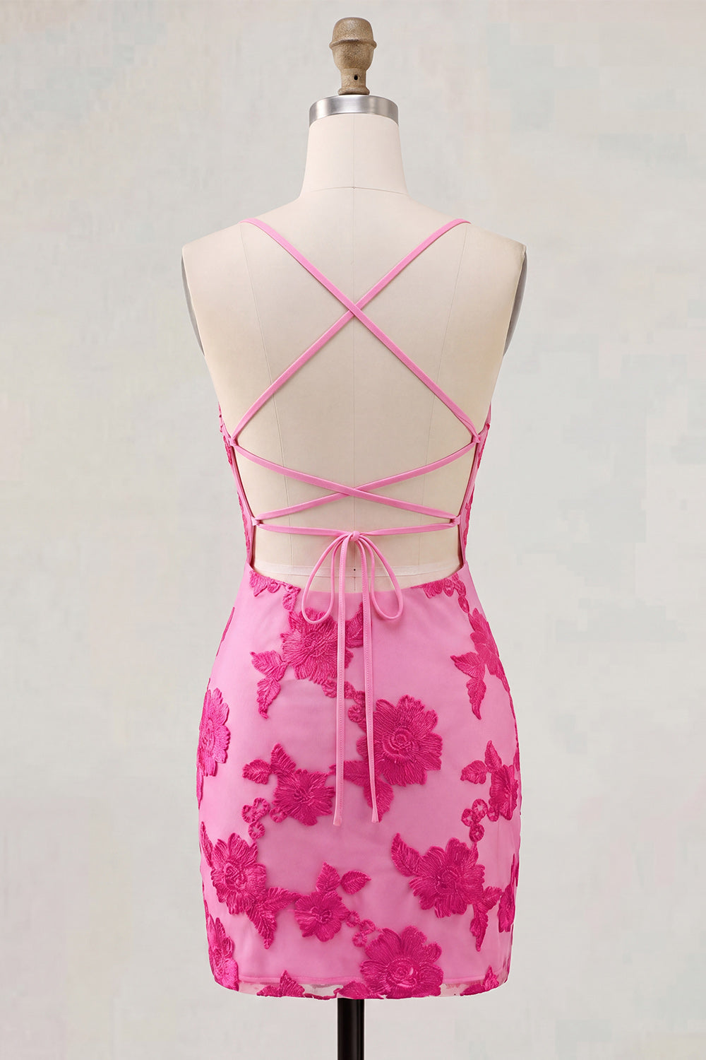 Tight Short Fuchsia Spaghetti Straps Floral Homecoming Dress
