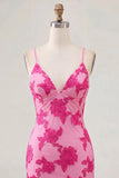 Tight Short Fuchsia Spaghetti Straps Floral Homecoming Dress