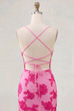 Tight Short Fuchsia Spaghetti Straps Floral Homecoming Dress
