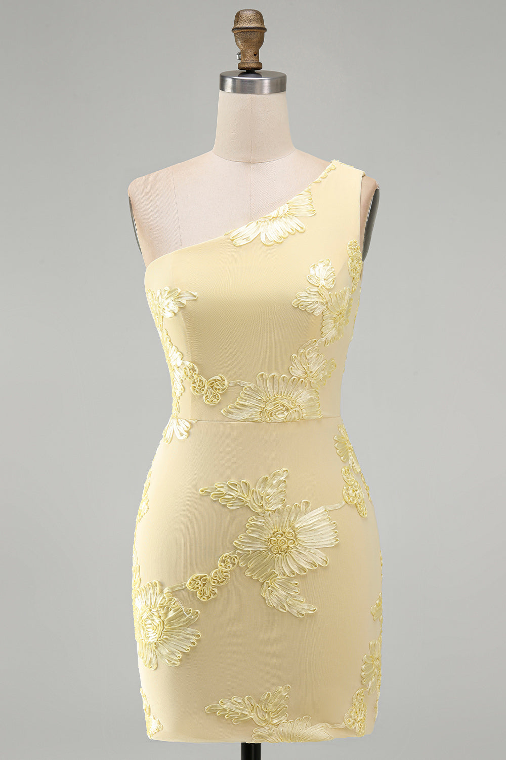 Butter Yellow One Shoulder Floral Tight Short Homecoming Dress
