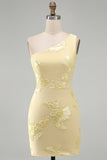 Butter Yellow One Shoulder Floral Tight Short Homecoming Dress