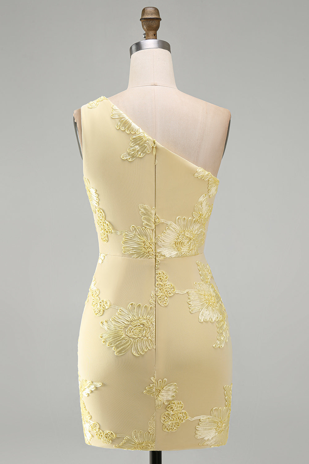 Butter Yellow One Shoulder Floral Tight Short Homecoming Dress