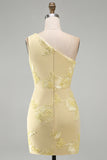 Butter Yellow One Shoulder Floral Tight Short Homecoming Dress