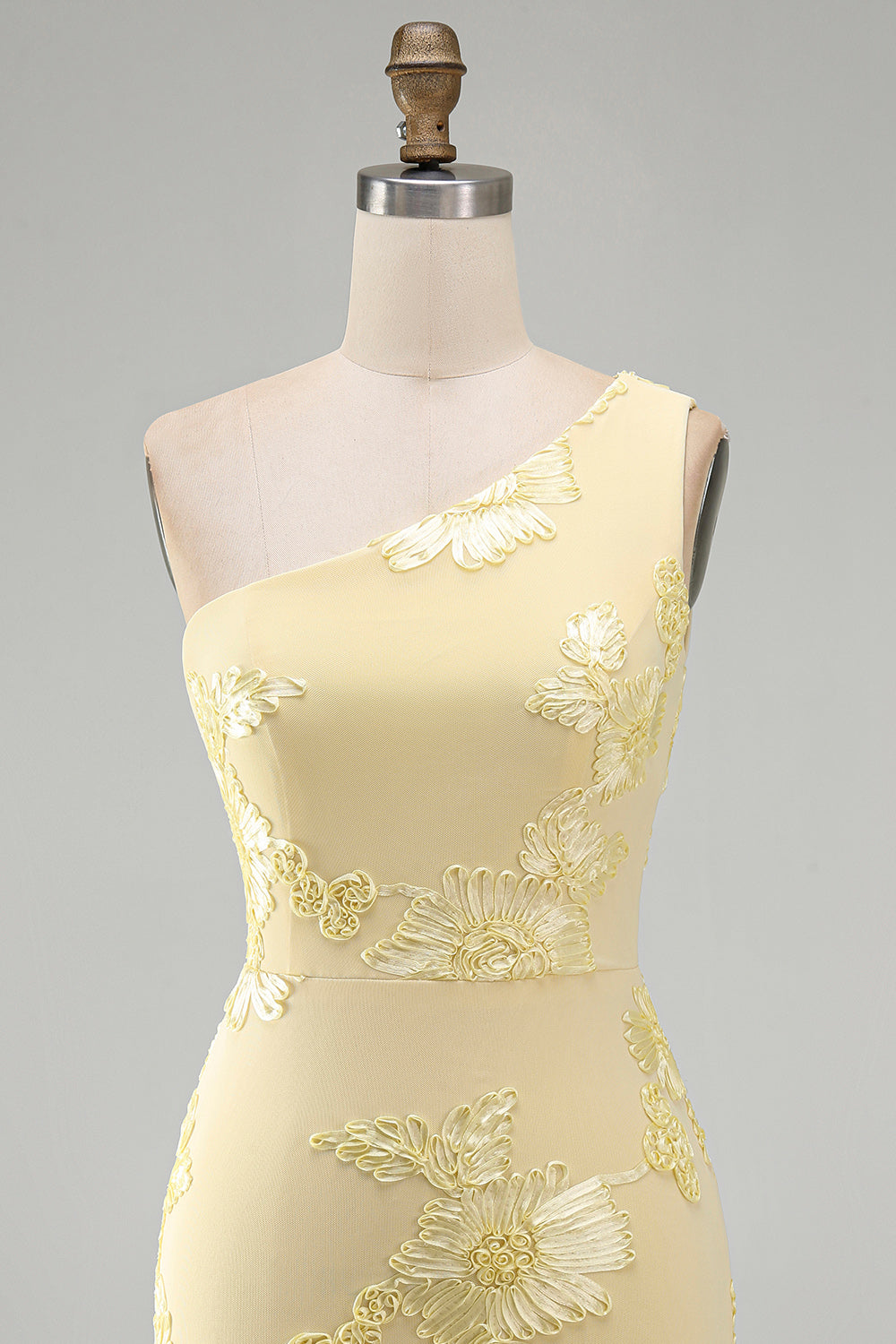 Butter Yellow One Shoulder Floral Tight Short Homecoming Dress