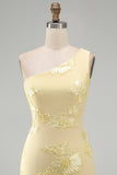 Butter Yellow One Shoulder Floral Tight Short Homecoming Dress
