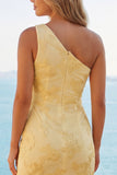 Butter Yellow One Shoulder Floral Tight Short Homecoming Dress