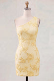 Butter Yellow One Shoulder Floral Tight Short Homecoming Dress