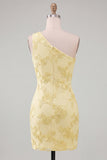 Butter Yellow One Shoulder Floral Tight Short Homecoming Dress