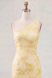 Butter Yellow One Shoulder Floral Tight Short Homecoming Dress