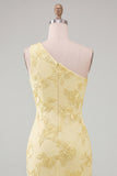 Butter Yellow One Shoulder Floral Tight Short Homecoming Dress