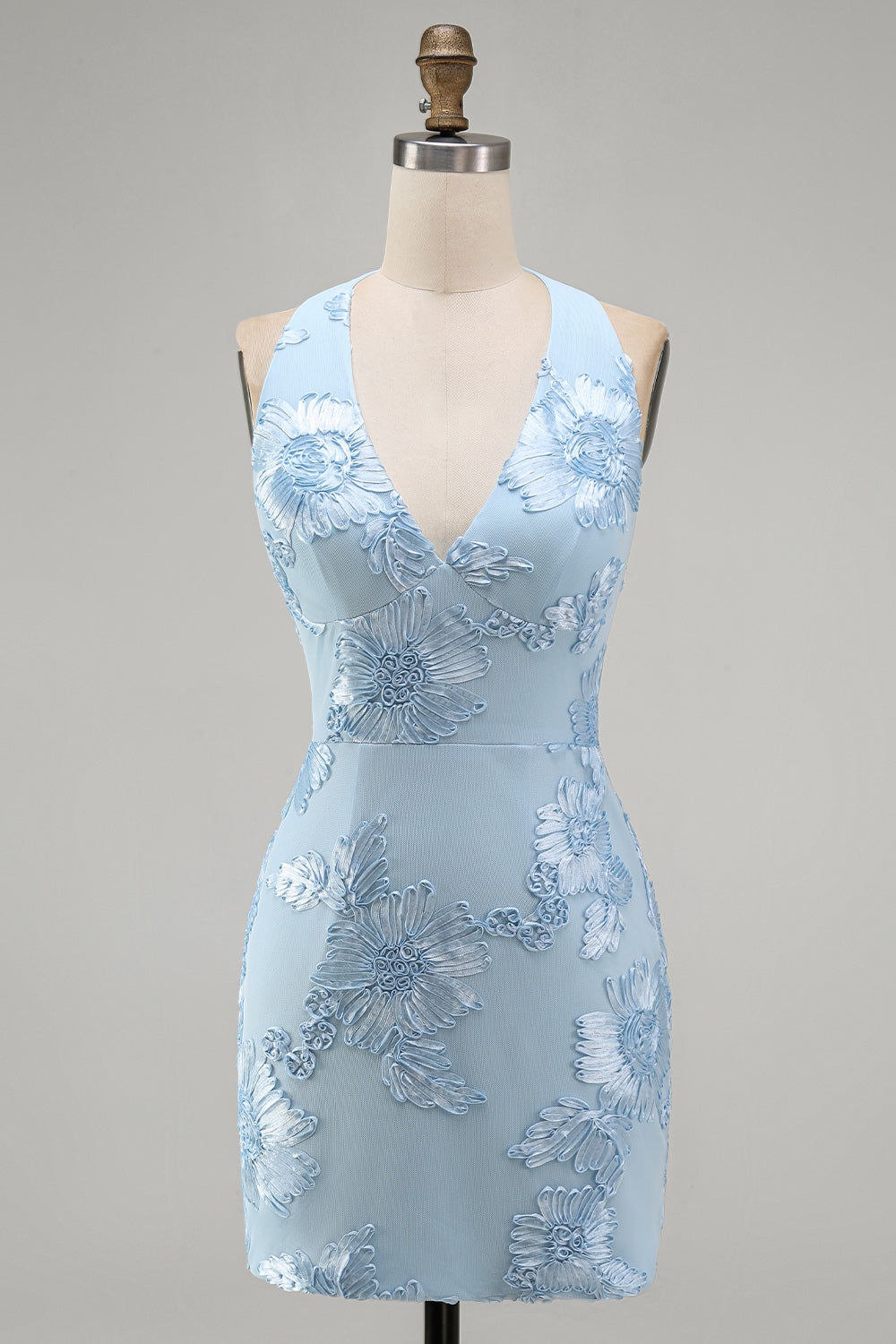 Light Blue Halter Floral Tight Short Backless Homecoming Dress