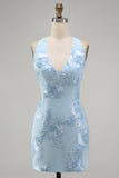 Light Blue Halter Floral Tight Short Backless Homecoming Dress