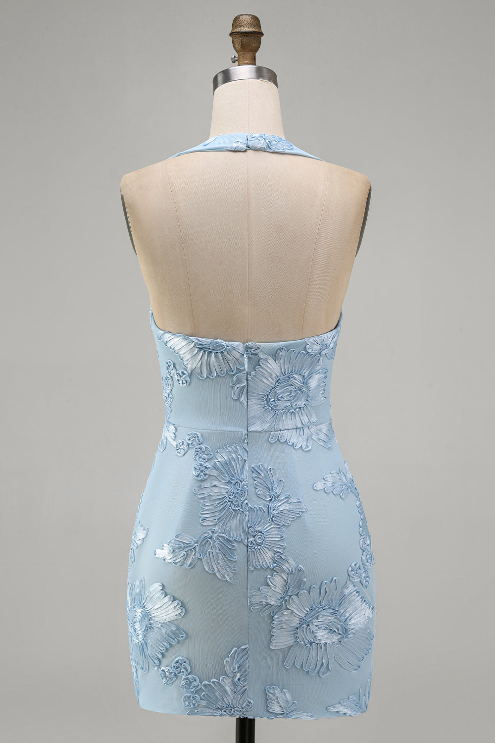 Light Blue Halter Floral Tight Short Backless Homecoming Dress