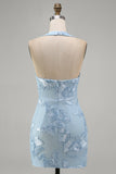 Light Blue Halter Floral Tight Short Backless Homecoming Dress