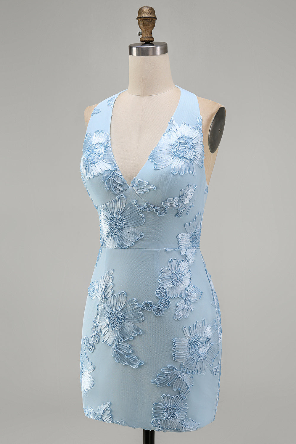 Light Blue Halter Floral Tight Short Backless Homecoming Dress
