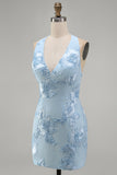 Light Blue Halter Floral Tight Short Backless Homecoming Dress