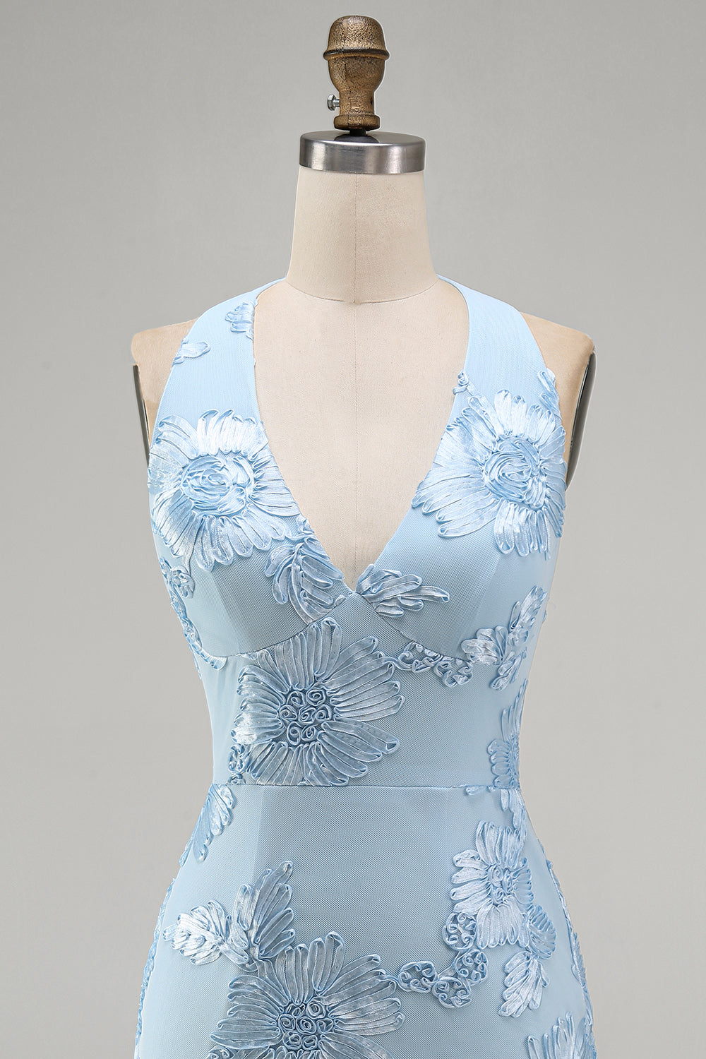 Light Blue Halter Floral Tight Short Backless Homecoming Dress
