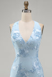 Light Blue Halter Floral Tight Short Backless Homecoming Dress