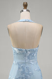 Light Blue Halter Floral Tight Short Backless Homecoming Dress