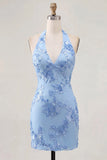 Light Blue Halter Floral Tight Short Backless Homecoming Dress