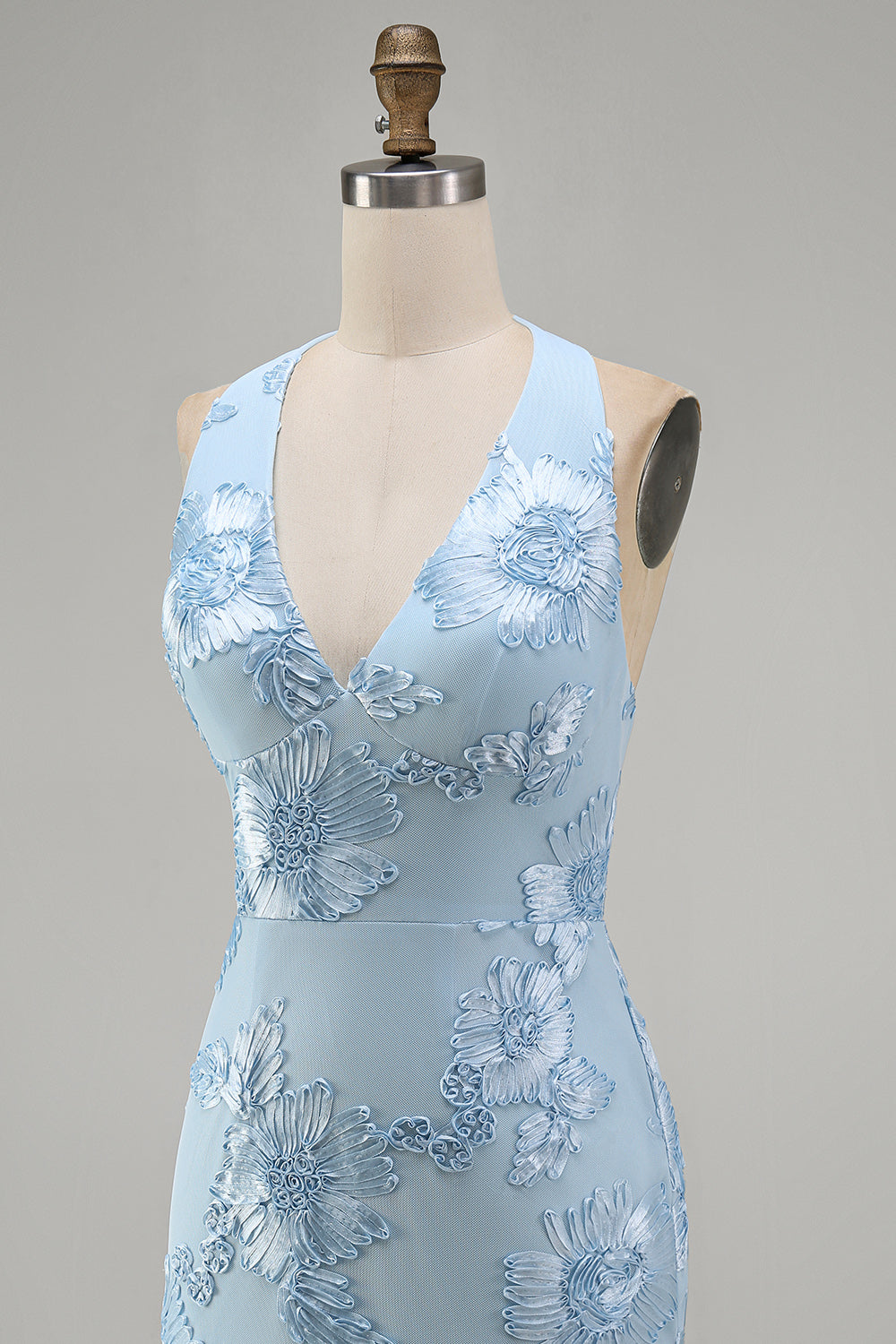 Light Blue Halter Floral Tight Short Backless Homecoming Dress