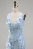Light Blue Halter Floral Tight Short Backless Homecoming Dress