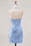 Light Blue Halter Floral Tight Short Backless Homecoming Dress