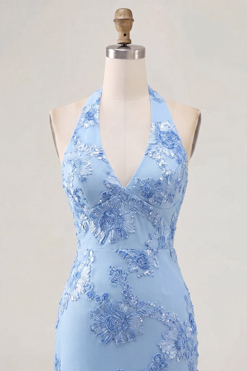 Light Blue Halter Floral Tight Short Backless Homecoming Dress