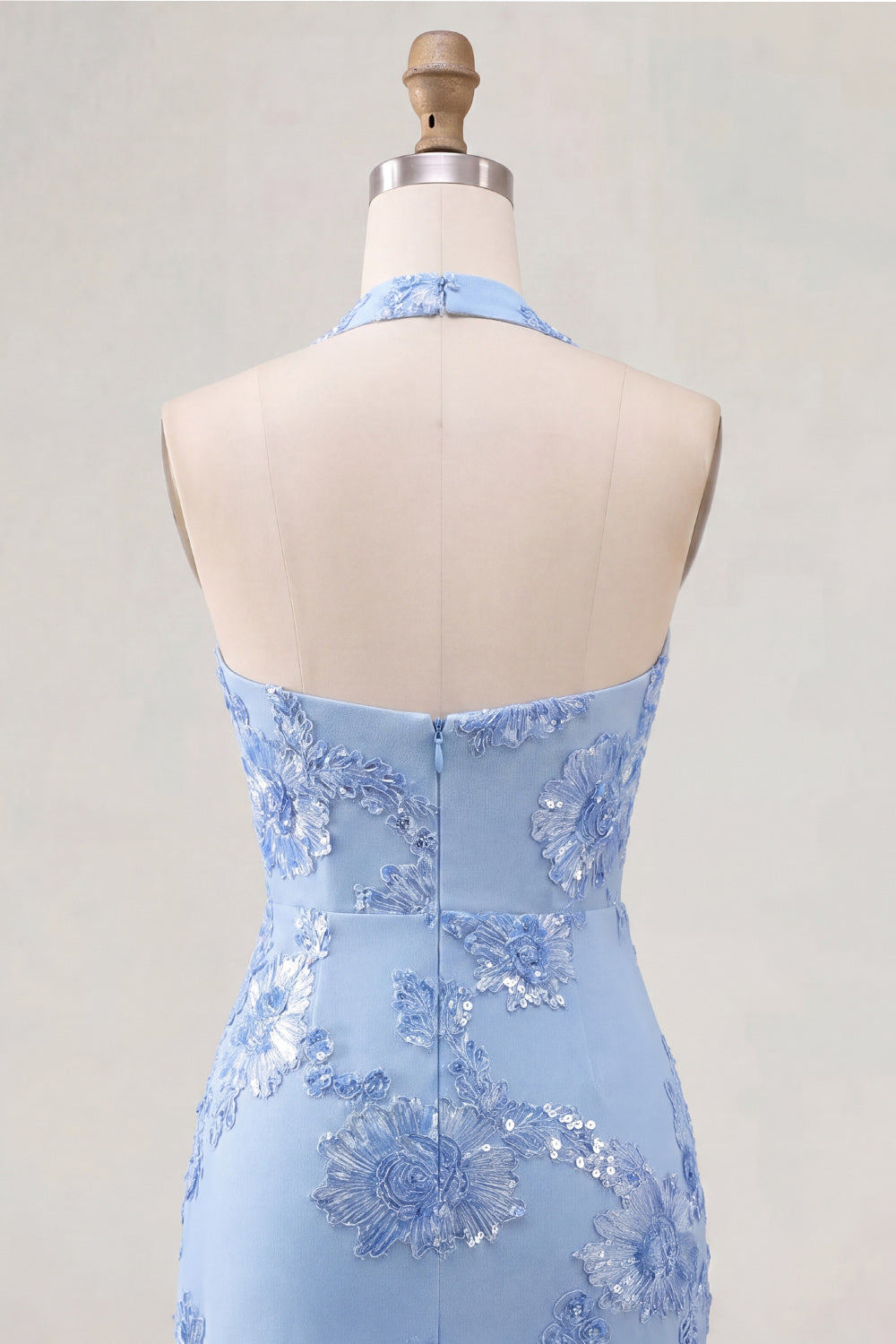 Light Blue Halter Floral Tight Short Backless Homecoming Dress