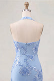 Light Blue Halter Floral Tight Short Backless Homecoming Dress