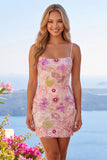 Spaghetti Straps Sequin Floral Tight Short Sparkly Pink Homecoming Dress