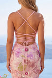 Spaghetti Straps Sequin Floral Tight Short Sparkly Pink Homecoming Dress