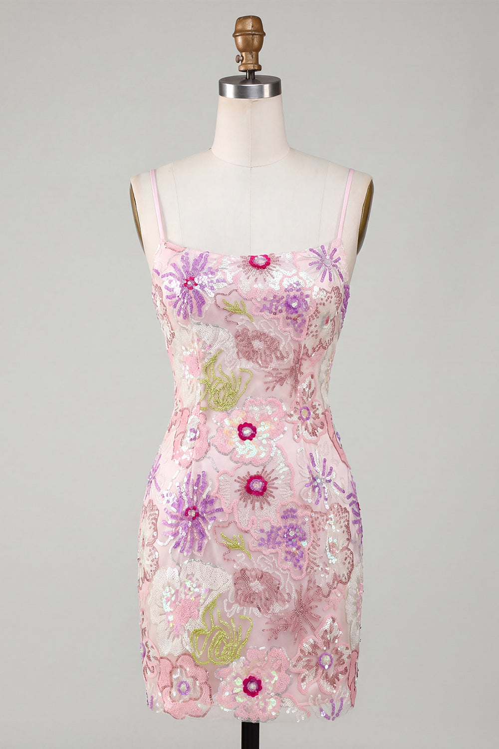 Spaghetti Straps Sequin Floral Tight Short Sparkly Pink Homecoming Dress