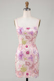 Spaghetti Straps Sequin Floral Tight Short Sparkly Pink Homecoming Dress