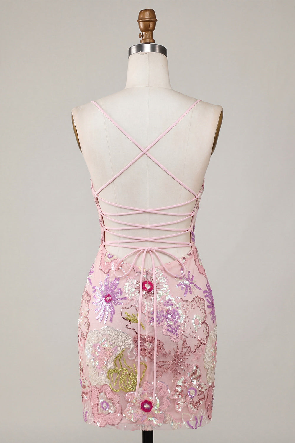 Spaghetti Straps Sequin Floral Tight Short Sparkly Pink Homecoming Dress