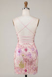 Spaghetti Straps Sequin Floral Tight Short Sparkly Pink Homecoming Dress