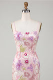 Spaghetti Straps Sequin Floral Tight Short Sparkly Pink Homecoming Dress