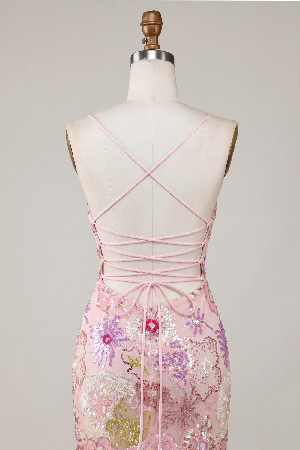 Spaghetti Straps Sequin Floral Tight Short Sparkly Pink Homecoming Dress