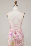 Spaghetti Straps Sequin Floral Tight Short Sparkly Pink Homecoming Dress