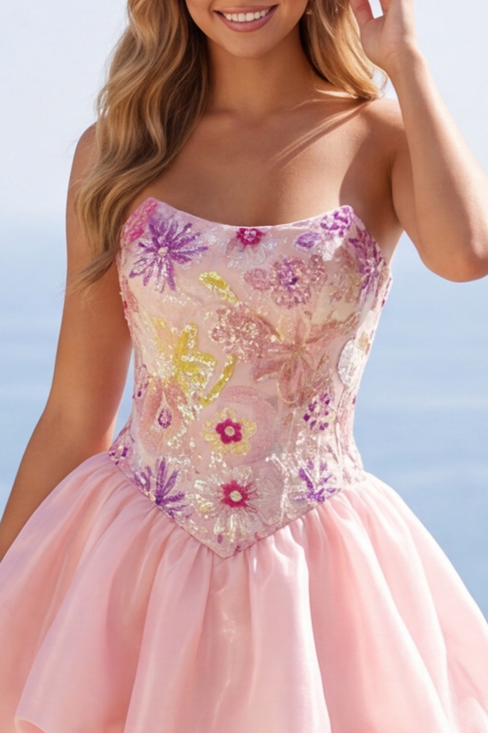 Sparkly Pink A Line Strapless Floral Short Beaded Homecoming Dress