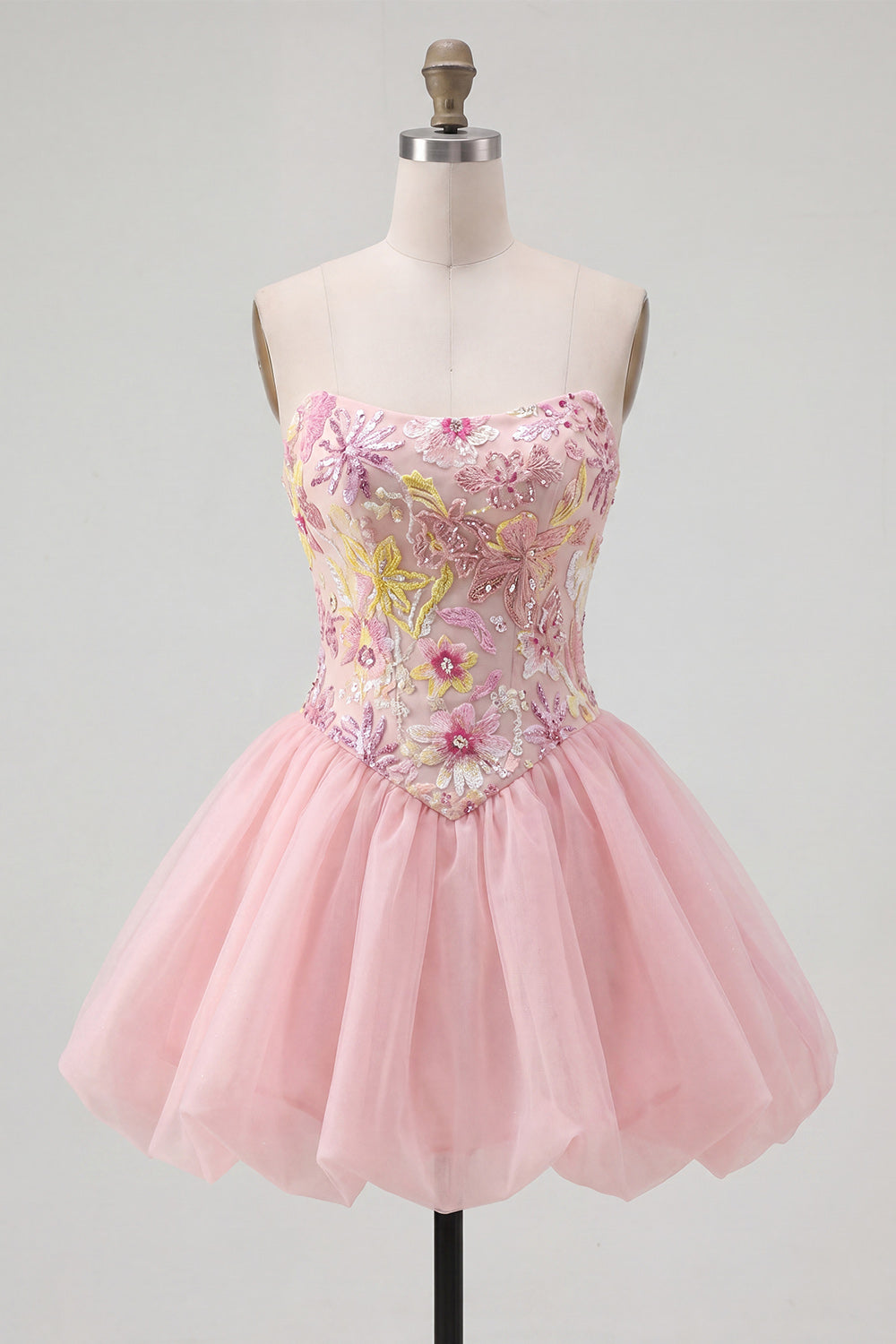 Sparkly Pink A Line Strapless Floral Short Beaded Homecoming Dress