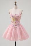 Sparkly Pink A Line Strapless Floral Short Beaded Homecoming Dress