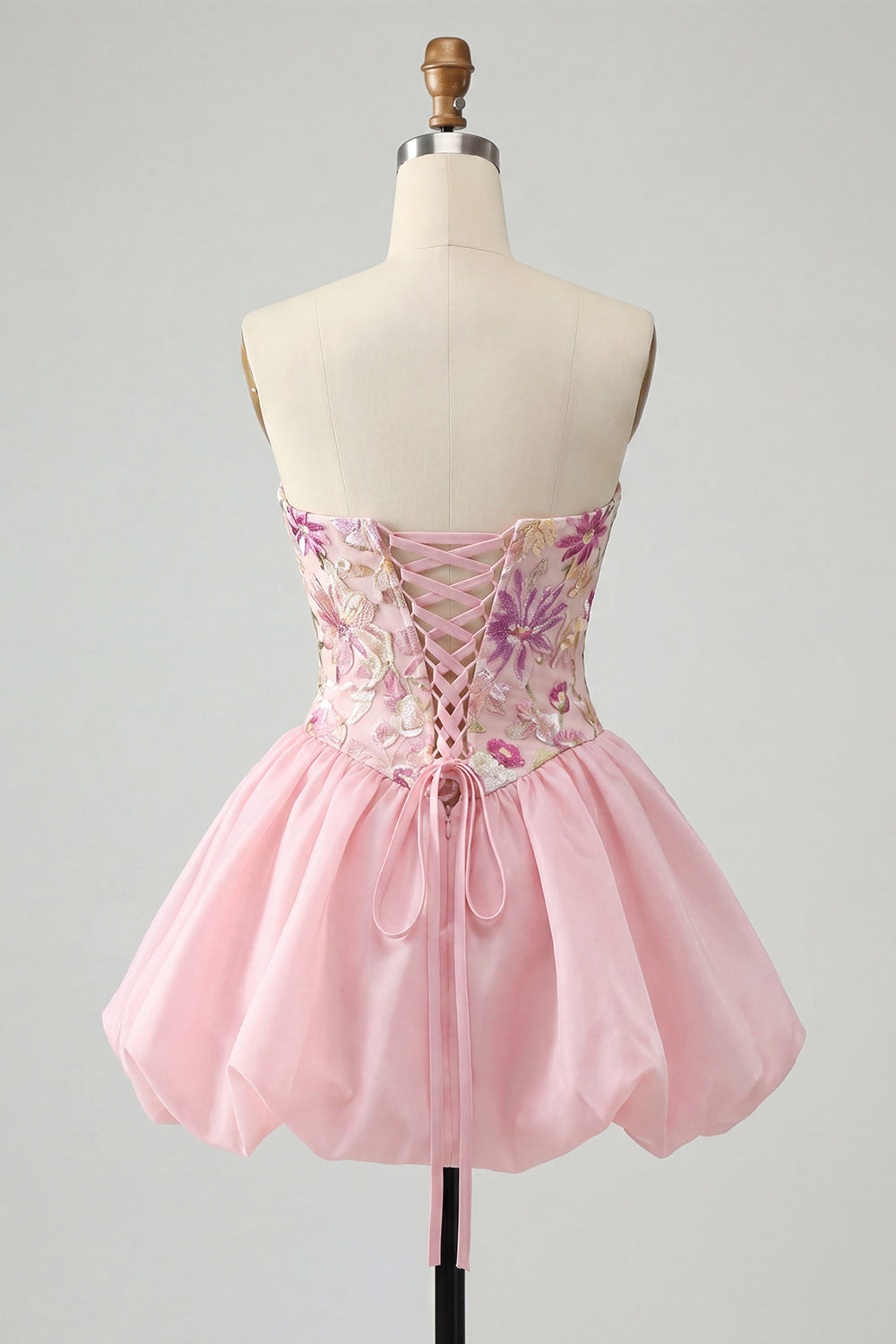 Sparkly Pink A Line Strapless Floral Short Beaded Homecoming Dress
