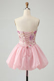 Sparkly Pink A Line Strapless Floral Short Beaded Homecoming Dress